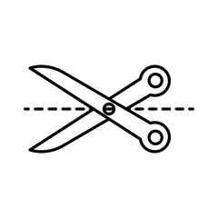 Scissors with cut lines linear logo mark in black and white