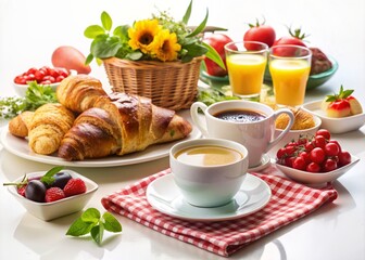 Fresh and tasty breakfast is served on white table