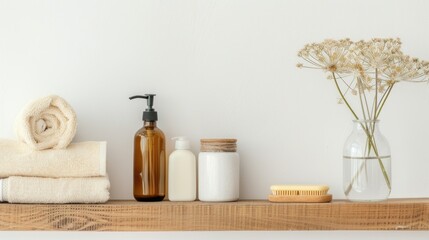 Rolled towels, a bar of soap, and a bottle of liquid soap sit on a wooden shelf in a bathroom