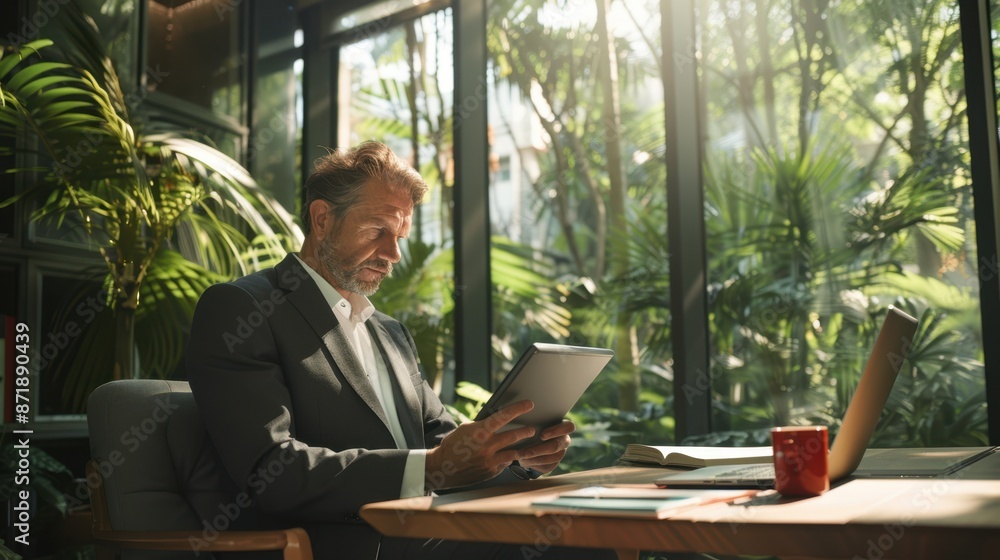 Poster the businessman with tablet