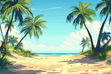 Obraz premium paradise beach illustration featuring sandy shore and palm trees in flat design