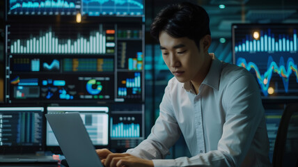 A Korean businessman working diligently on a laptop with interactive data dashboards