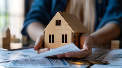 a Woman hands carefully holding a small model house with rental agreements in the background, illustrating real estate investment returns