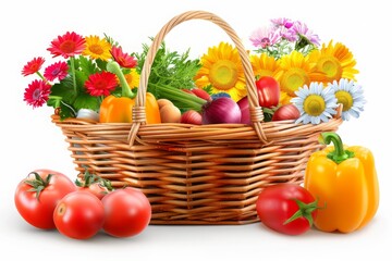 A wicker basket overflowing with fresh fruits and vibrant flowers, symbolizing a bountiful harvest and the beauty of nature's offerings.

