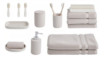 Naklejka premium A set of ceramic bathroom accessories, including soap dispensers, toothbrush holders, and a tumbler