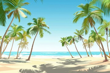 Obraz premium serene beach scene with palm trees and mountains in a simple flat illustration