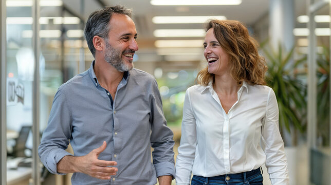 coll&egrave;gues de travail souriant dans les couloirs des bureaux de leur entreprise