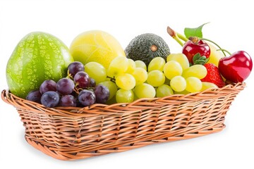 A wicker basket brimming with an assortment of fresh fruits, including grapes, apples, and melons, representing a bountiful and healthy harvest.

