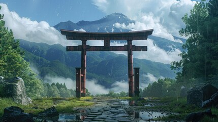 A beautifully crafted torii gate standing tall at the entrance of a sacred shrine, with a mountain backdrop