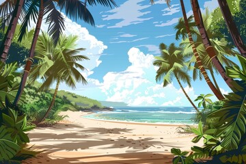serene beach illustration featuring palm trees and mountain views in flat style