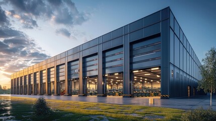 Modern sleek warehouse office building facility exterior architecture, steel, night, cloudy, overcast