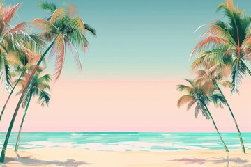 Fototapeta premium simple flat style illustration of a beach with palm trees and sea mountain views