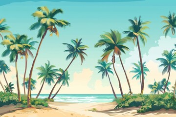 paradise beach illustration featuring palm trees and sandy shore in flat design