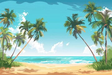 Fototapeta premium flat design of a serene beach with palm trees and mountain views