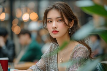Obraz premium A stylish woman with a thoughtful expression sits in a modern café, with blurred lights and greenery in the background, creating a serene and chic atmosphere.