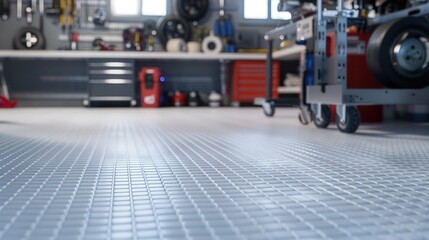 Frost white rubber tiles in a garage, providing a pristine and clean backdrop for detailed mechanical work