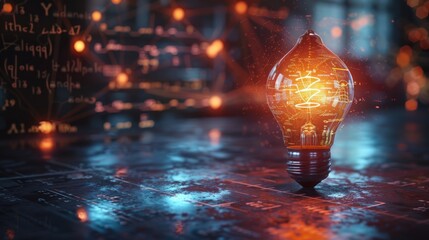 Glowing lamp as a symbol of scientific thought against the background of physical and mathematical formulas. Science and education background