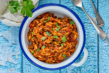 Orzo pasta bolognese with meatless quorn mince