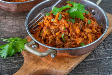 Orzo pasta bolognese with meatless quorn mince