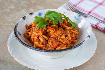 Orzo pasta bolognese with meatless quorn mince