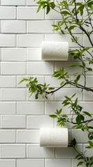 Obraz premium Three rolls of paper towels on a marble countertop, arranged in a triangle. A green plant in a brown pot in the background. Light gray wall