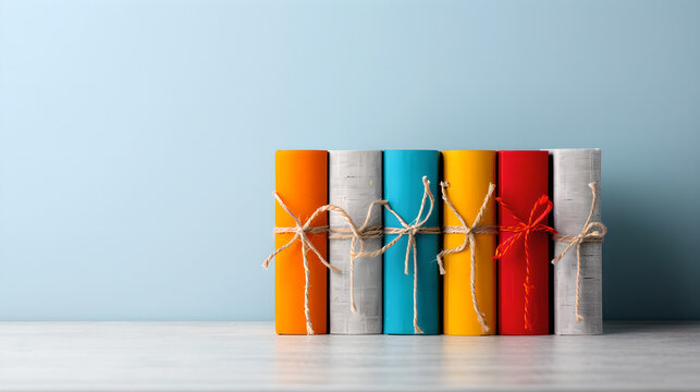 Colorful books tied with string on blue background - Powered by Adobe