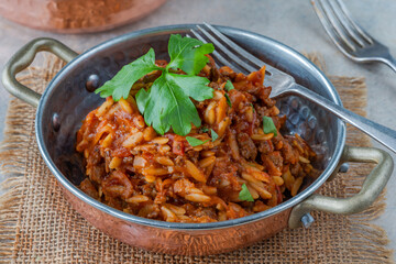 Orzo pasta bolognese with meatless quorn mince