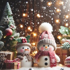 Festive winter scene with a snowman wearing a hat and scarf standing beside a decorated Christmas tree