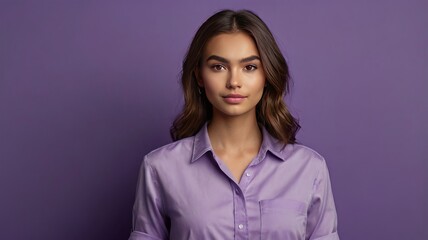 Obraz premium The portrait of a lovely young girl looks space wearing a shirt isolated on a purple color background
