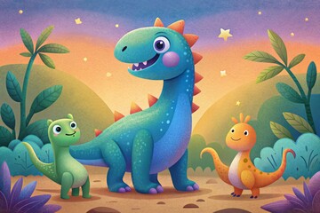 Naklejka premium Three happy cartoon dinosaurs in a prehistoric landscape with a colorful sunset sky, featuring stars and lush vegetation.