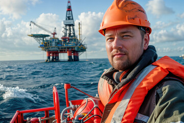 engineer on a boat at sea with an oil platform in the background