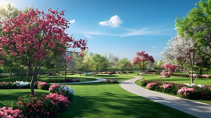 Fototapeta premium Serene Garden Haven: A Tranquil Oasis of Colorful Blooms and Lush Greenery