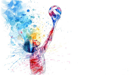 Colorful watercolor painting of volleyball athlete player action at game