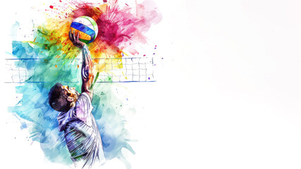 Colorful watercolor painting of volleyball athlete player action at game