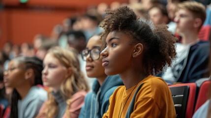 Fototapeta premium Pupils listen to a lecture in a university auditorium