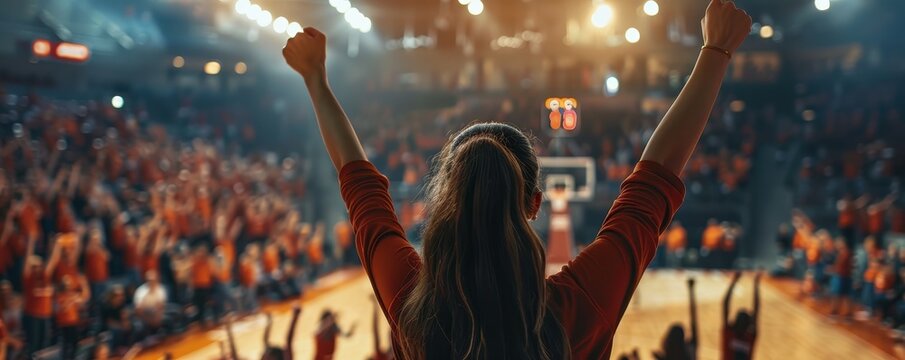 Female sports fan cheering at a college basketball game