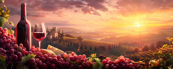 Naklejka premium Banner of glasses fresh red wine with grapes, cheeses, bottle and barrel on a sunset background in Toscane. Italy vineyard and agritourism. Wine shop or wine tasting concept with copy space. AI