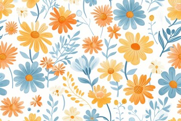 seamless floral pattern of orange and yellow flowers in watercolor on light background