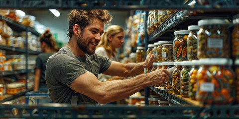 Man organizing jars on shelves in a pantry or storage area.