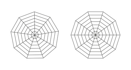 Obraz premium Radar, spider diagram template. Polygon graphs. Spider mesh. Diagrams for statistic and analytic. Blank radar charts. Simple coaching tool. Decagon, enneagon grid with segments. Flat illustration.