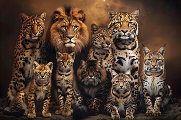 Portrait of a diverse cat family gathered together for a photograph
