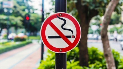 No Smoking Sign On Urban Lamppost With Blurred City Background Featuring Trees, Sidewalk, And Traffic Lights