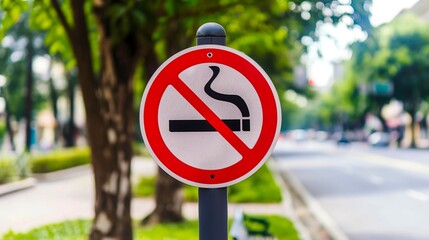 No Smoking Sign on Busy Street with Lush Green Trees and Roadside Scenery on a Sunny Day