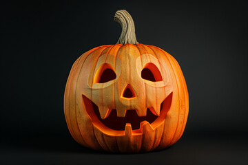 A cheerful Halloween pumpkin head with a smiling expression, placed against a dramatic black background