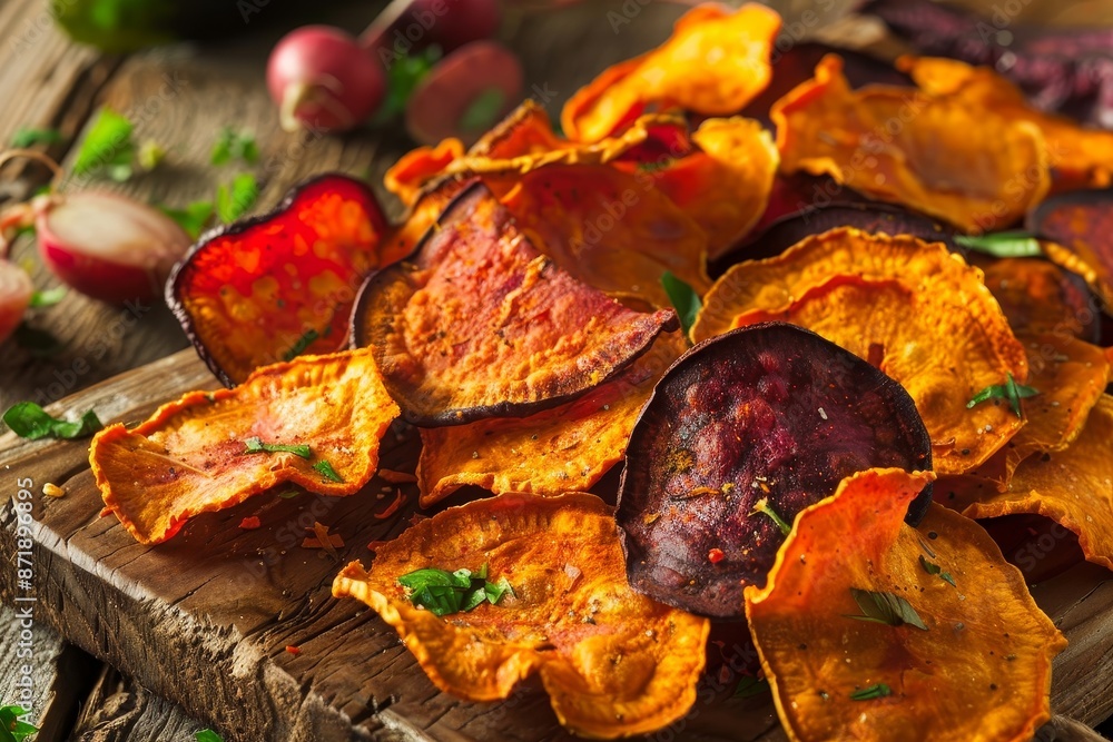 Poster fresh vegetable chips on a board