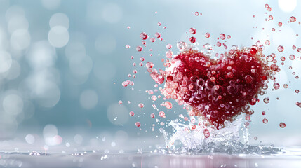 Red heart splash in water with bubbles