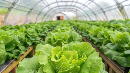 A large greenhouse filled with rows of green plants in white buckets, growing under a clear plastic roof