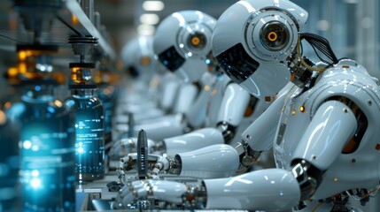 Fototapeta premium Detailed shot of robots working on an assembly line in a futuristic lab, demonstrating precision and advanced technology in manufacturing. AI Generative.