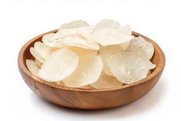 Fried cassava chips isolated on white background with copy space a popular snack in Asia and Indonesia