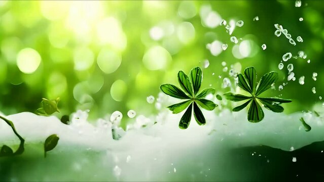 Fresh essence. Herbal liquid. Defocused green clover leaves streaming in transparent oil fluid abstract background.
